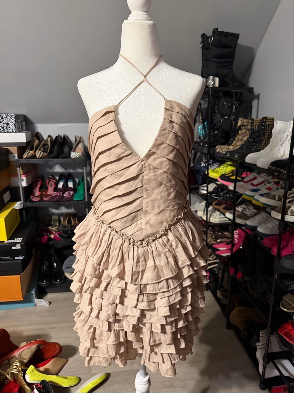 Beige Ruffled Halter Mini Dress
